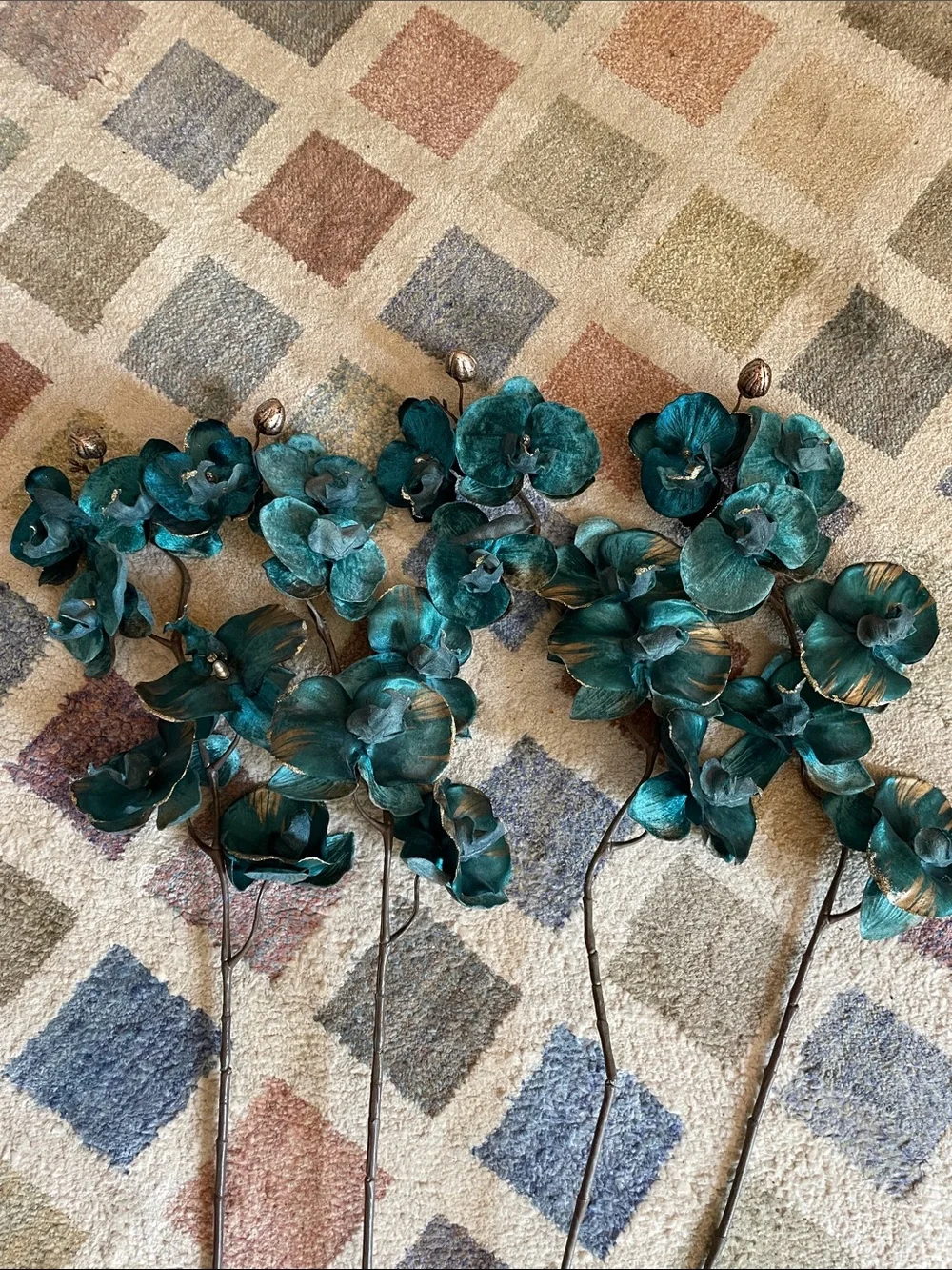 Teal and Gold Orchid Stems (4)- Decorative Home Accent